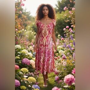 LOFT Paisley Print Flutter Sleeve Midi Dress Pink Peach Women's Size 4